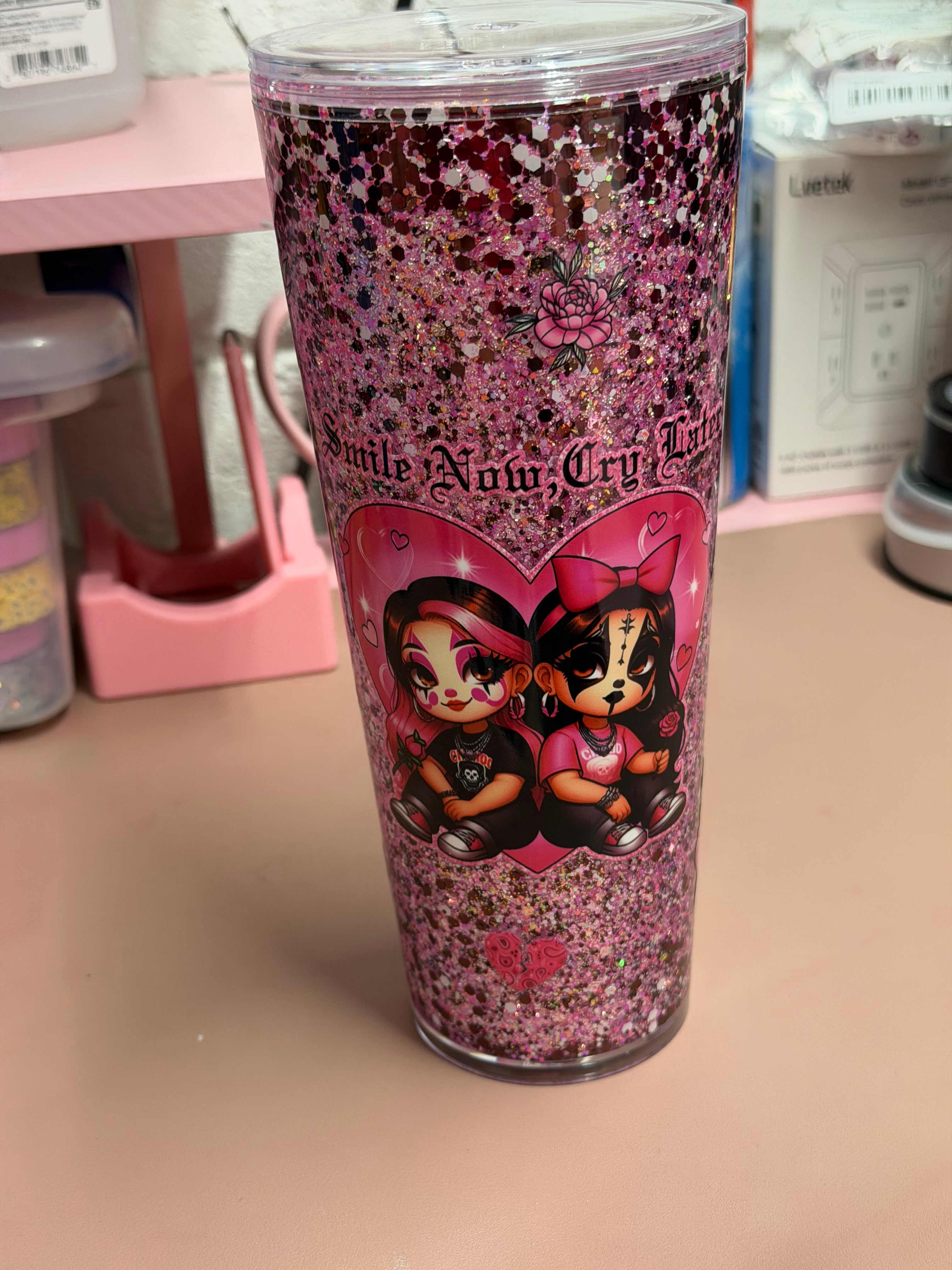 24 OZ Pink Glitter Smile Now Cry Later Cup