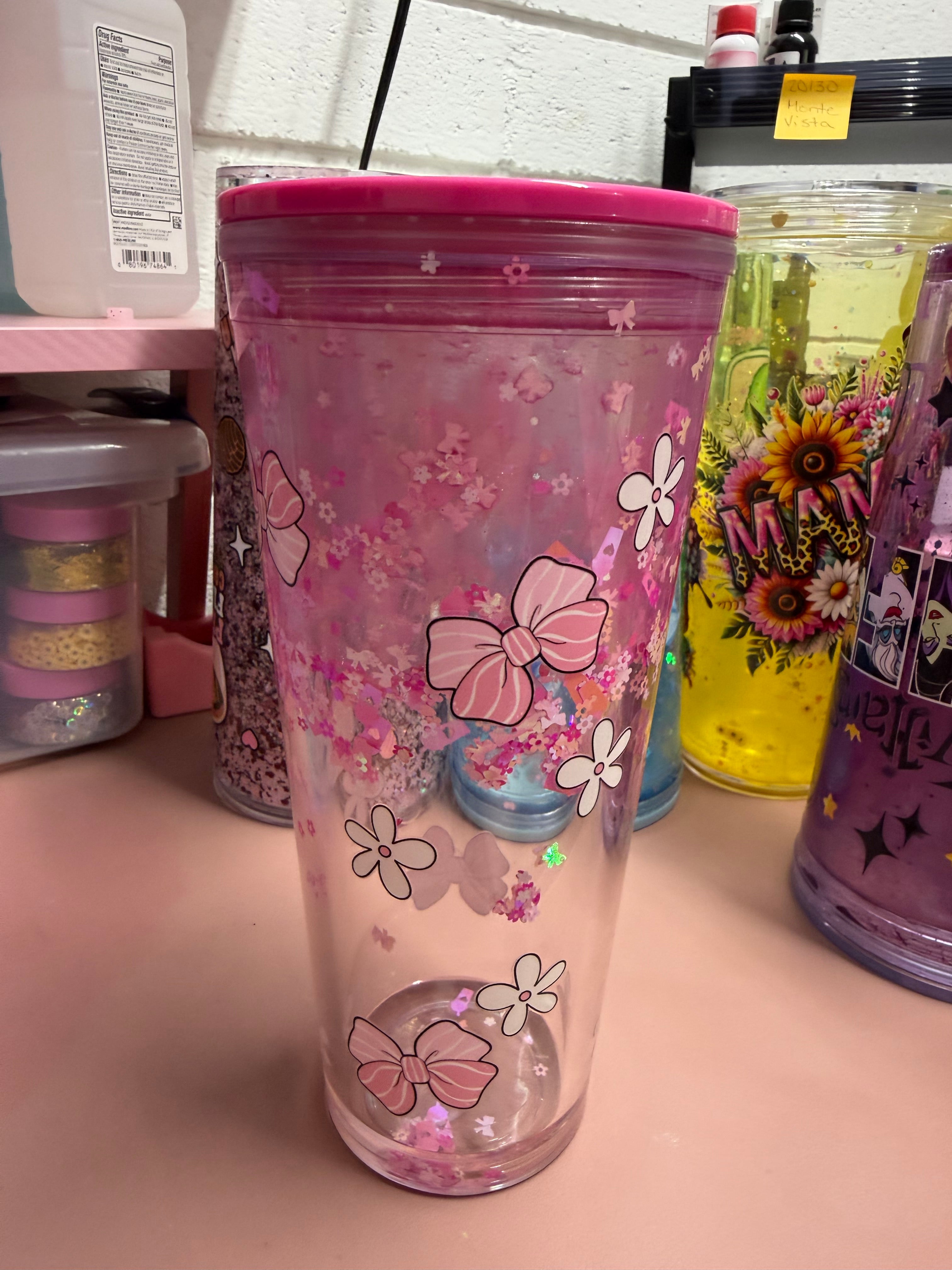 24 oz pink glitter lava bows and flower