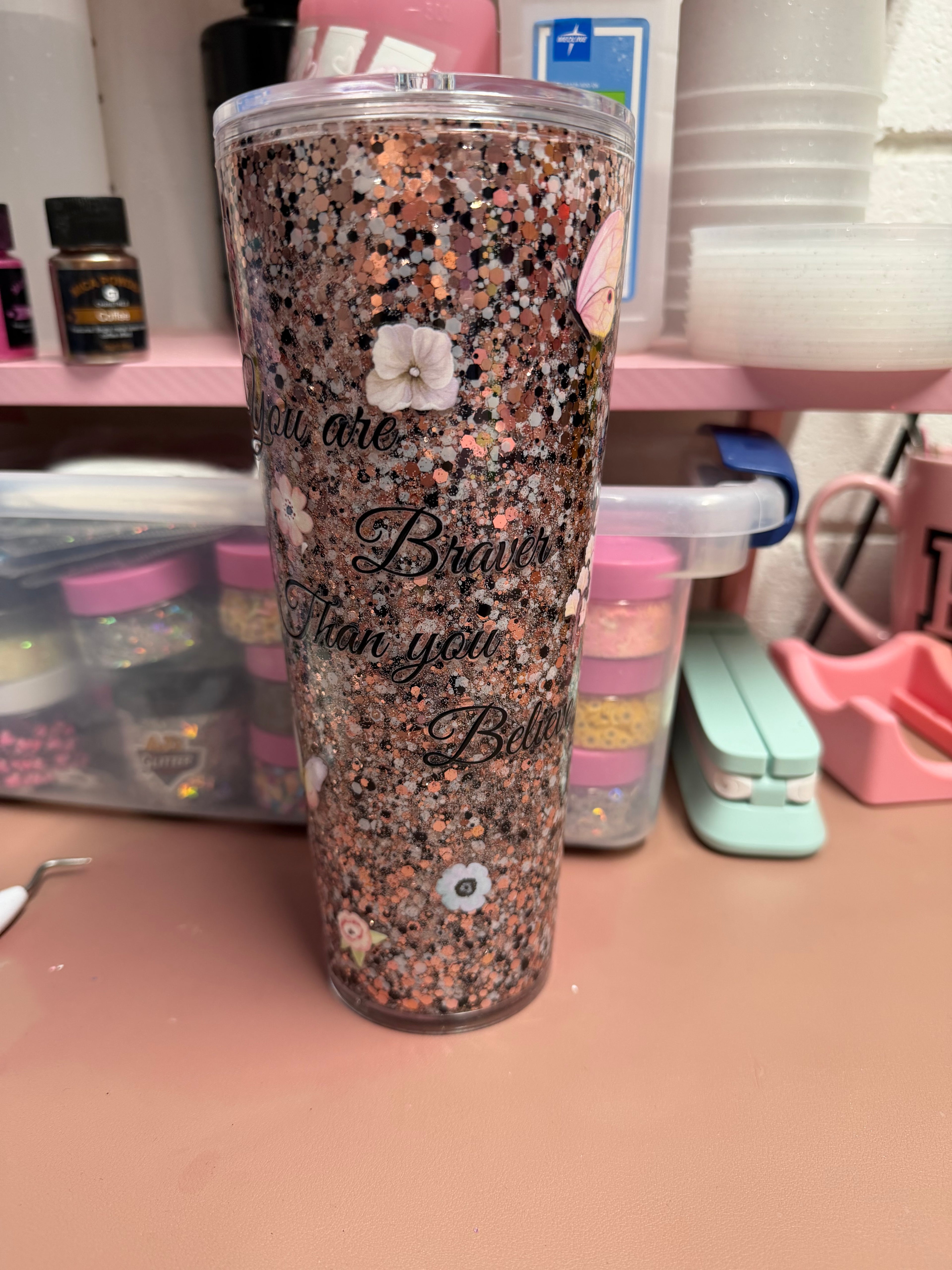 24 OZ Champagne Butterflies You Are Braver Than You Believe Glitter Cup